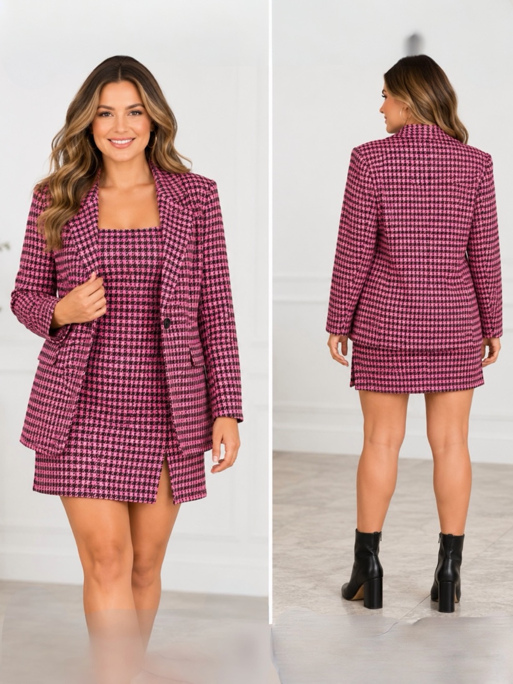ASOS 2 Piece Pink & Black Houndstooth Mini Dress Oversized Blazer Jacket Size 4